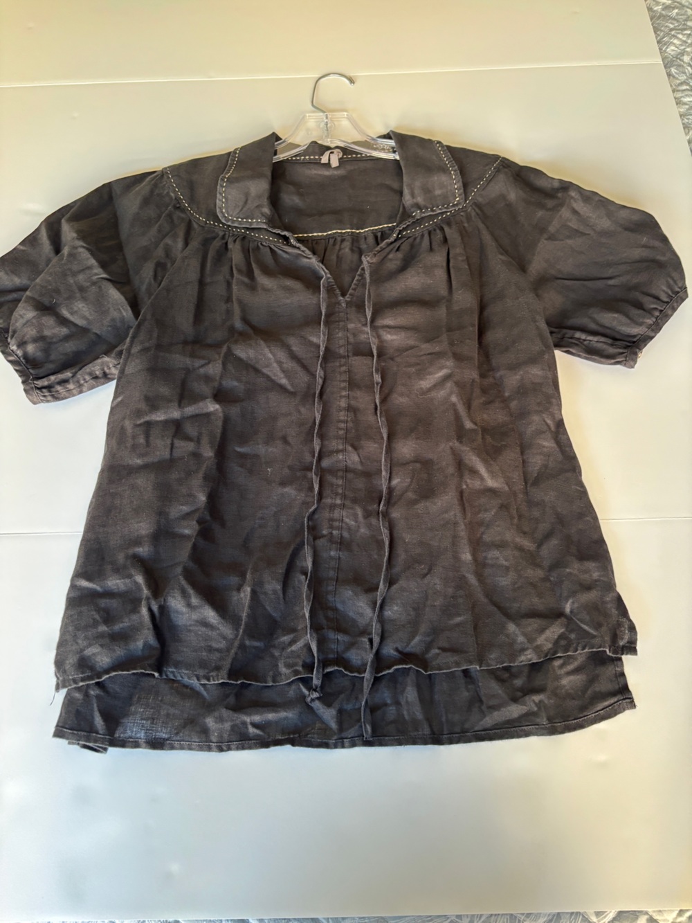 Anthropologie Black 100% Linen Puff Sleeve Tie Neck Blouse - Medium